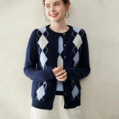 Women's Crew Neck Argyle Knit Top Vintage Style Cashmere Cardigan Sweater
