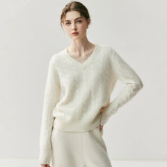 V-Neck Soft Relaxed Fit Pullover Jumper Cable Knit Cashmere Sweater