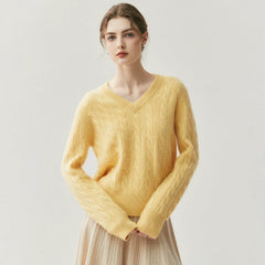 V-Neck Soft Relaxed Fit Pullover Jumper Cable Knit Cashmere Sweater