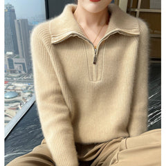 Women's Soft Ribbed Knit Zip Collar Cashmere Wool Pullover Sweater