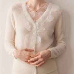 Soft V-Neck Button Front Knit Lace Trim Cashmere Wool Cardigan Sweater