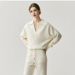 Women's Cashmere Blend Relaxed Knit Pullover Polo Collar Sweater
