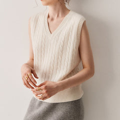Classic Cable-Knit Cashmere V-Neck Sweater Vest Sleeveless Top