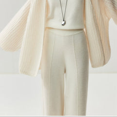 Women's Cashmere Wide-Leg Knit Trousers Long Waistband Pant