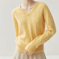 V-Neck Soft Relaxed Fit Pullover Jumper Cable Knit Cashmere Sweater