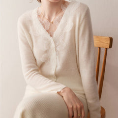 Soft V-Neck Button Front Knit Lace Trim Cashmere Wool Cardigan Sweater