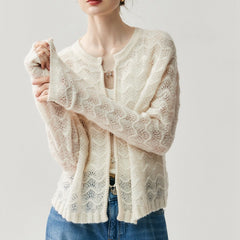 Lightweight Women's Openwork Knit Soft Cashmere Silk Sweater Cardigan