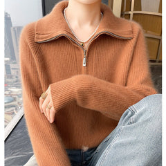 Women's Soft Ribbed Knit Zip Collar Cashmere Wool Pullover Sweater