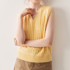 Classic Cable-Knit Cashmere V-Neck Sweater Vest Sleeveless Top