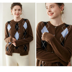 Women's Crew Neck Argyle Knit Top Vintage Style Cashmere Cardigan Sweater