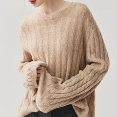Cashmere Silk Cable Knit Oversized Crew Neck Pullover Sweater