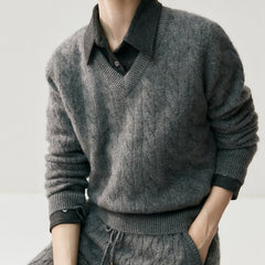 V-Neck Soft Relaxed Fit Pullover Jumper Cable Knit Cashmere Sweater