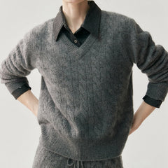 V-Neck Soft Relaxed Fit Pullover Jumper Cable Knit Cashmere Sweater