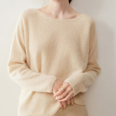 Elegant Relaxed Fit Knit Pullover Women's Cashmere Wool Boat Neck Sweater