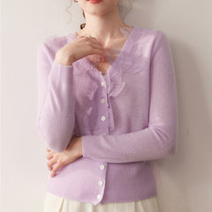 Soft V-Neck Button Front Knit Lace Trim Cashmere Wool Cardigan Sweater