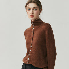 Women's Mock Neck Cashmere Ribbed Cuffs Button Front Sweater Cardigan