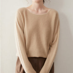 Elegant Relaxed Fit Knit Pullover Women's Cashmere Wool Boat Neck Sweater