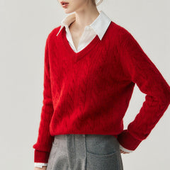 V-Neck Soft Relaxed Fit Pullover Jumper Cable Knit Cashmere Sweater