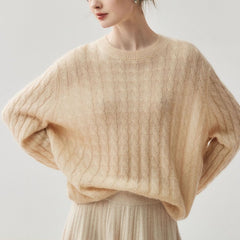 Cashmere Silk Cable Knit Oversized Crew Neck Pullover Sweater