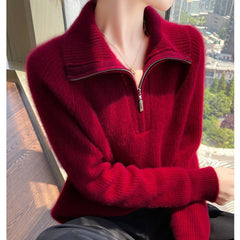 Women's Soft Ribbed Knit Zip Collar Cashmere Wool Pullover Sweater