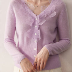 Soft V-Neck Button Front Knit Lace Trim Cashmere Wool Cardigan Sweater