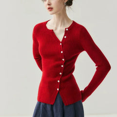 Women's Asymmetric Button Front Fitted Knit Ribbed Cashmere Sweater