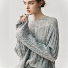 Cashmere Silk Cable Knit Oversized Crew Neck Pullover Sweater