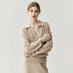 Women's Cashmere Blend Relaxed Knit Pullover Polo Collar Sweater