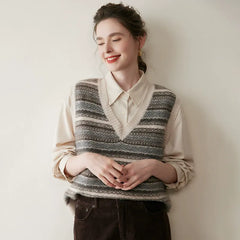 Casual Women's Cashmere Striped V-Neck Wool Knit Sweater Vest