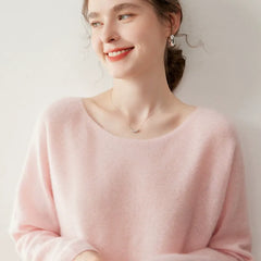 Elegant Relaxed Fit Knit Pullover Women's Cashmere Wool Boat Neck Sweater