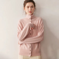 Soft Chic High-Neck Cashmere-Wool  Button-Up Cardigan