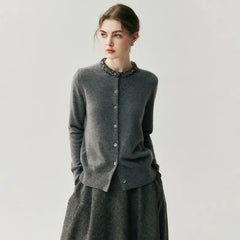 Elegant Jewel Neck Button Front Embellished Collar Cashmere Sweater Cardigan