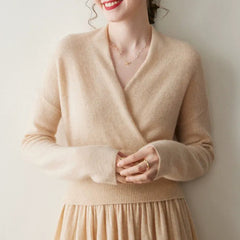 Women's Cashmere Blend Wrap Soft Pullover Sweater with Ribbed Waist
