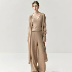 Women's Cashmere Wide-Leg Knit Trousers Long Waistband Pant