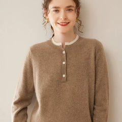 Cashmere Button-Front Knit Pullover Crew Neck Colorblock Sweater