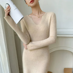Ribbed Cashmere-Wool V-Neck Slim Fit Mid Length Sweater Dress