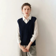 Classic Cable-Knit Cashmere V-Neck Sweater Vest Sleeveless Top