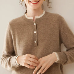 Cashmere Button-Front Knit Pullover Crew Neck Colorblock Sweater