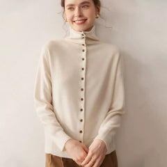 Soft Chic High-Neck Cashmere-Wool  Button-Up Cardigan