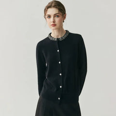 Elegant Jewel Neck Button Front Embellished Collar Cashmere Sweater Cardigan