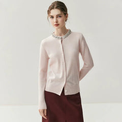 Elegant Jewel Neck Button Front Embellished Collar Cashmere Sweater Cardigan