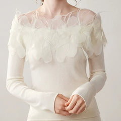 Women's Cashmere Swan Neck Floral Mesh Knit Top Sweater