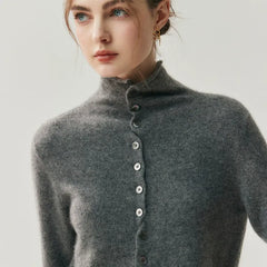 Women's Mock Neck Cashmere Ribbed Cuffs Button Front Sweater Cardigan