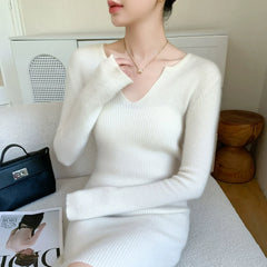 Ribbed Cashmere-Wool V-Neck Slim Fit Mid Length Sweater Dress
