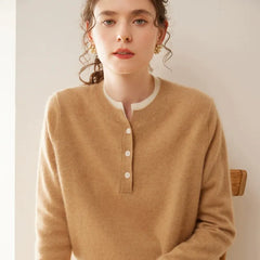 Cashmere Button-Front Knit Pullover Crew Neck Colorblock Sweater