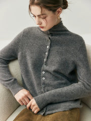Women's Mock Neck Cashmere Ribbed Cuffs Button Front Sweater Cardigan