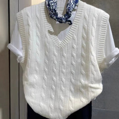 Classic Cable-Knit Cashmere V-Neck Sweater Vest Sleeveless Top