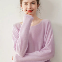Elegant Relaxed Fit Knit Pullover Women's Cashmere Wool Boat Neck Sweater