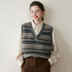 Casual Women's Cashmere Striped V-Neck Wool Knit Sweater Vest