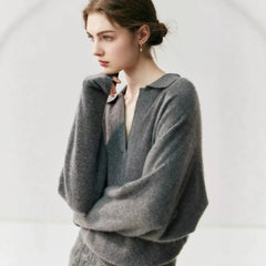Women's Cashmere Blend Relaxed Knit Pullover Polo Collar Sweater